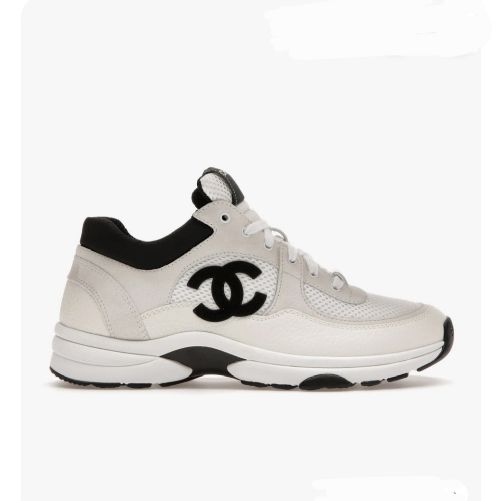 CHANEL White and Black CC Logo Athletic Sneakers